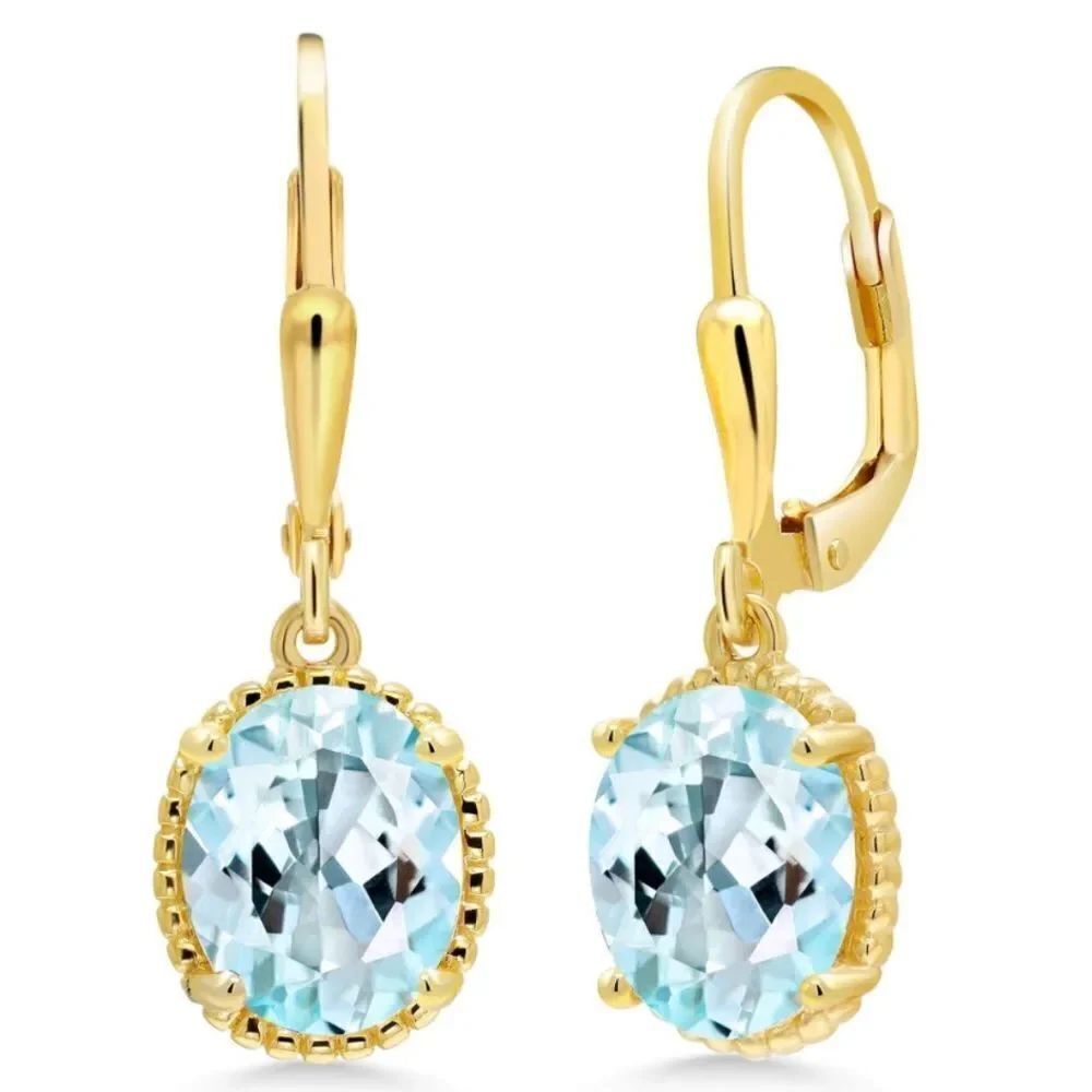 18K Yellow Gold 925 with 4.00 Cttw Sky Blue Topaz Oval Leverback Hook Earrings